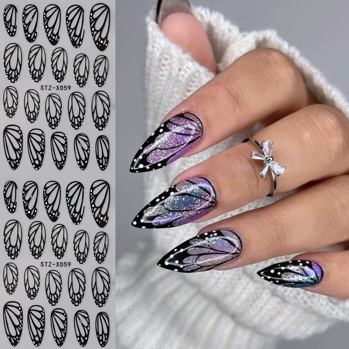 2 Sheets Black Wing Nail Art Stickers, Elegant Self-adhesive 3d Nail Decals, Romantic Wedding Nail Wraps Slider Decoration Accessories For Women Diy Manicure
