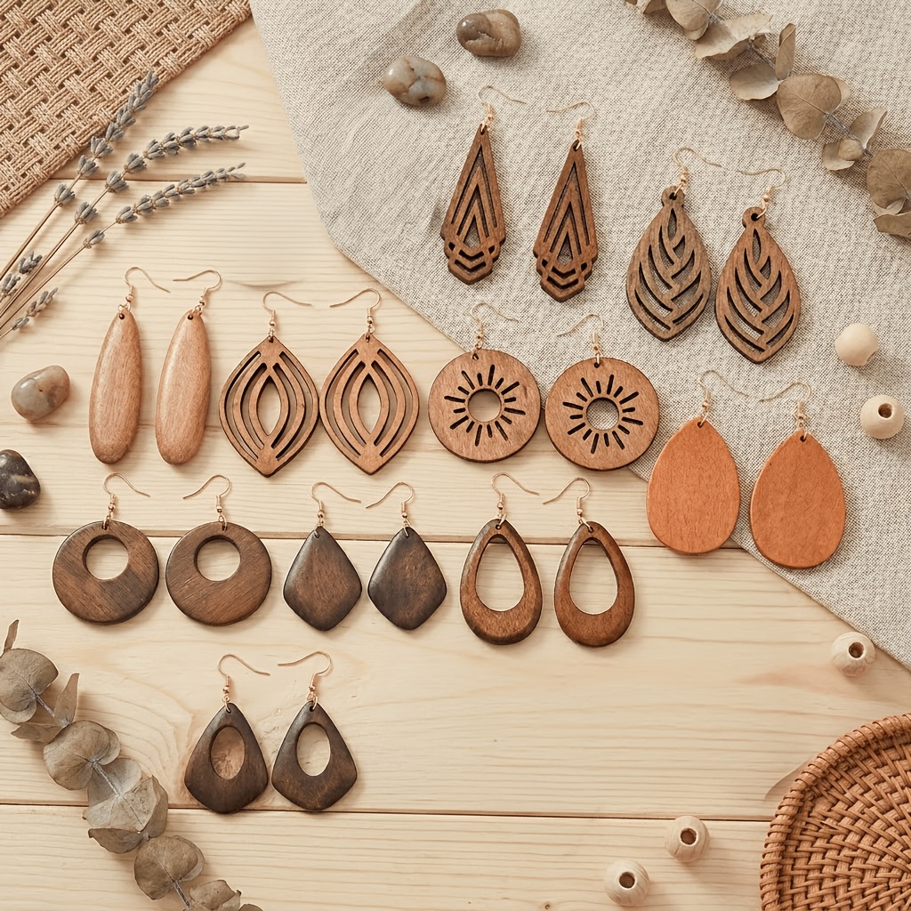 10 Pairs Bohemian Vintage Wooden Earrings Set