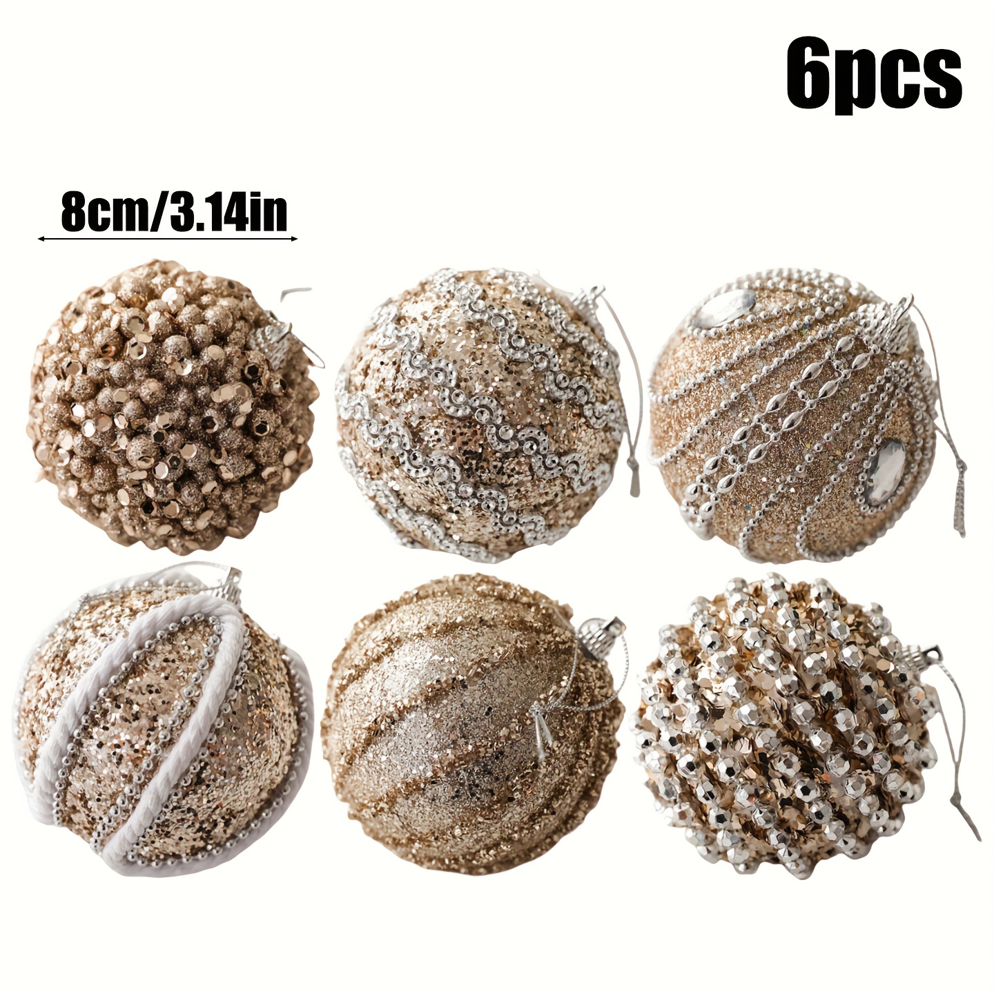 TEMU Champagne Christmas Ornaments 6pcs Champagne Christmas Ornaments Ball | 8cm Hanging Decorations For Tree Holiday Decoration