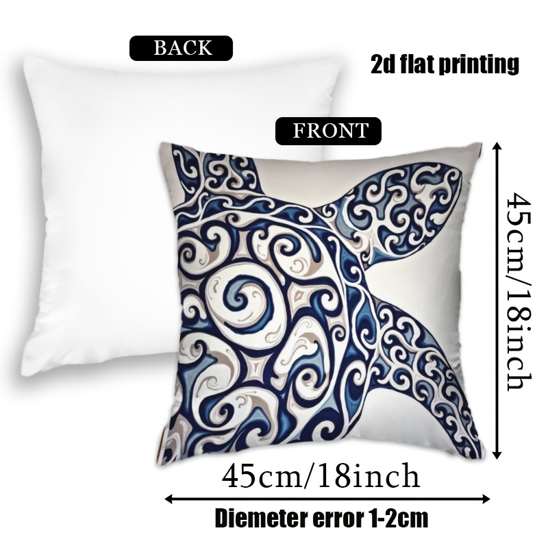 1pc Turtle Print Cushion Cover Suitable for Outdoor Indoor Use, 18x18 Inch Square Pillow Case with Zipper Closure, Blue White Gray Marine-Themed Decorative Cover for Garden Sofa Bed, Machine Washable Turtle Shell, 2D Flat