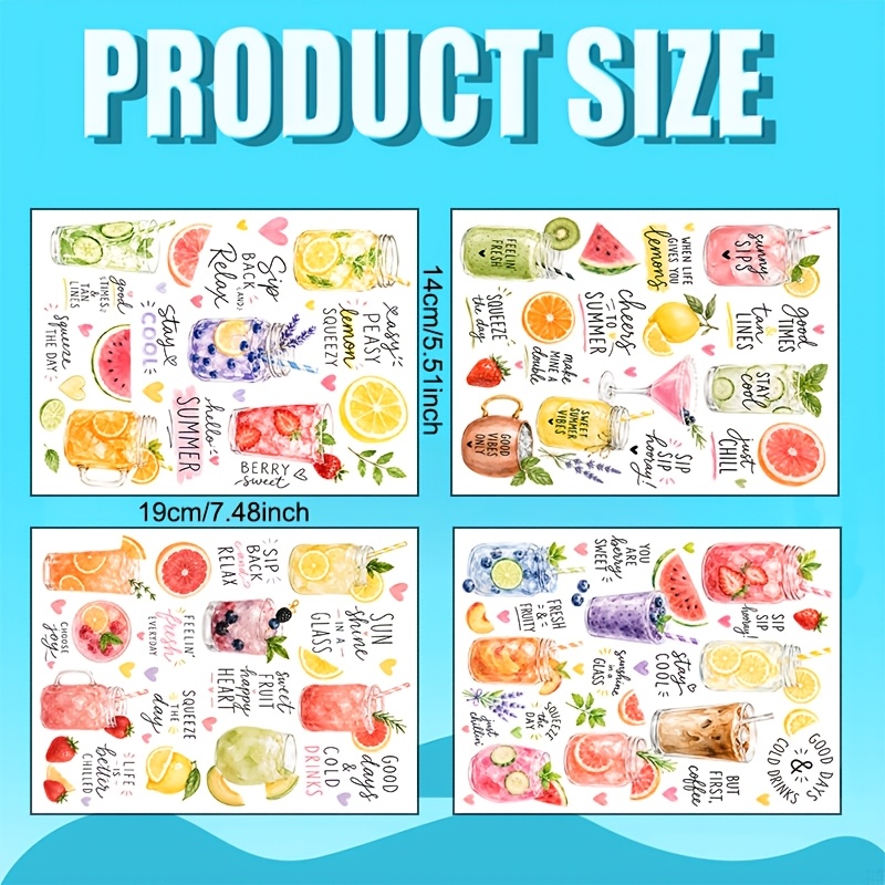 TEMU 4 Stk. (4 Bögen) Sommerfrucht-Aquarell-Transfer geeignet für glatte Oberflächen – handgezeichnete Wassermelone, Zitrone, Grapefruit, kompatibel