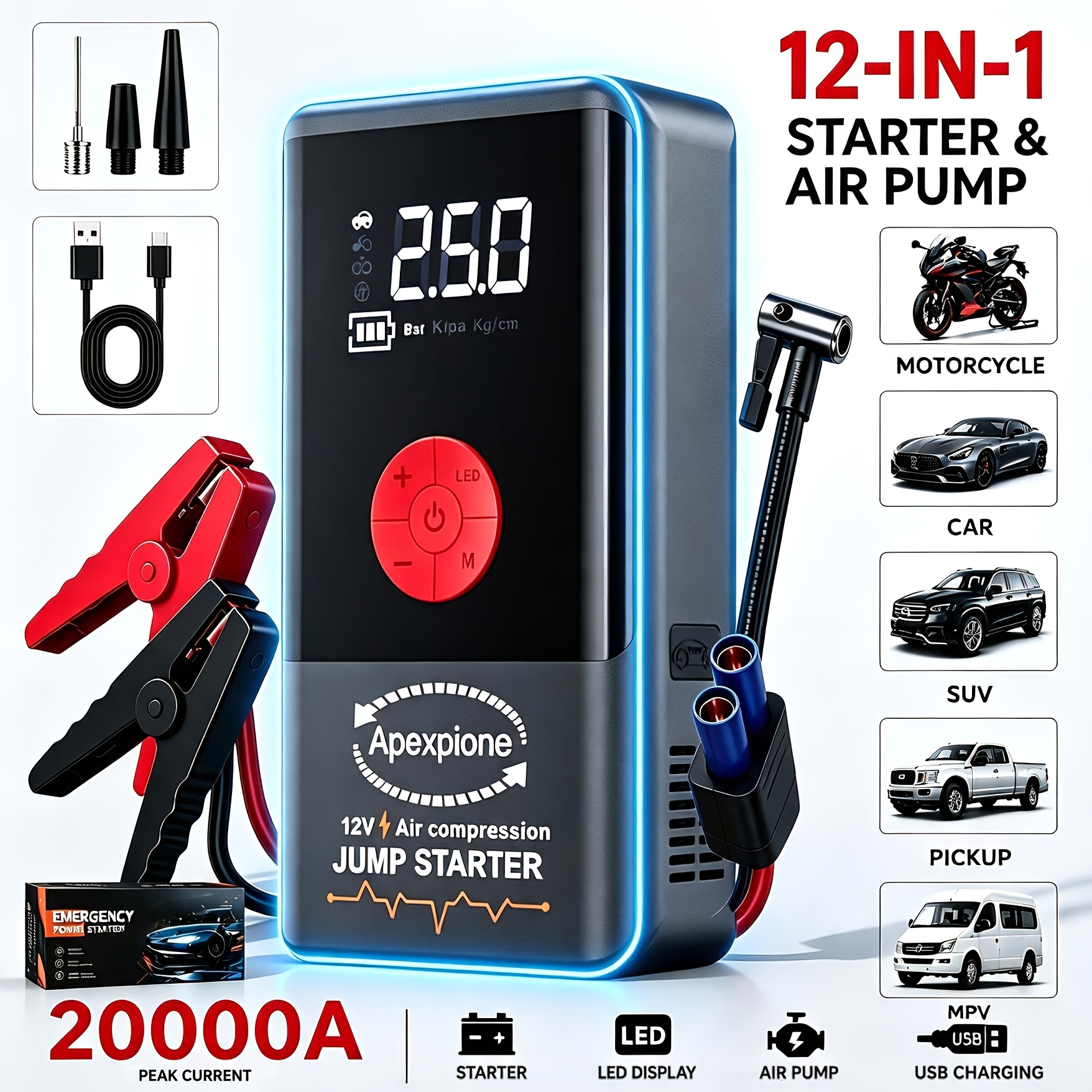 TEMU 20000a Current 12-in-1 Portable Jump Starter With Air Compressor For All 12v Vehicles, 250psi Tire Inflator, Fast Charge Usb/type-c Power Bank,
