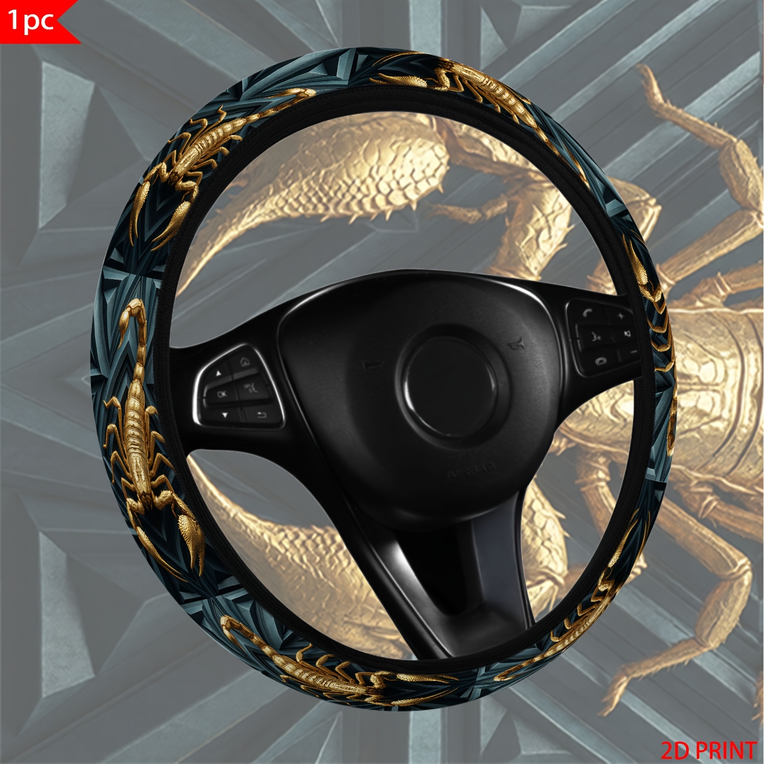 TEMU Golden Art Printed Elastic Steering Wheel Cover - Universal Fit For Various Car Models. Single Unit. Non-slip, Stylish, And Comfortable To The