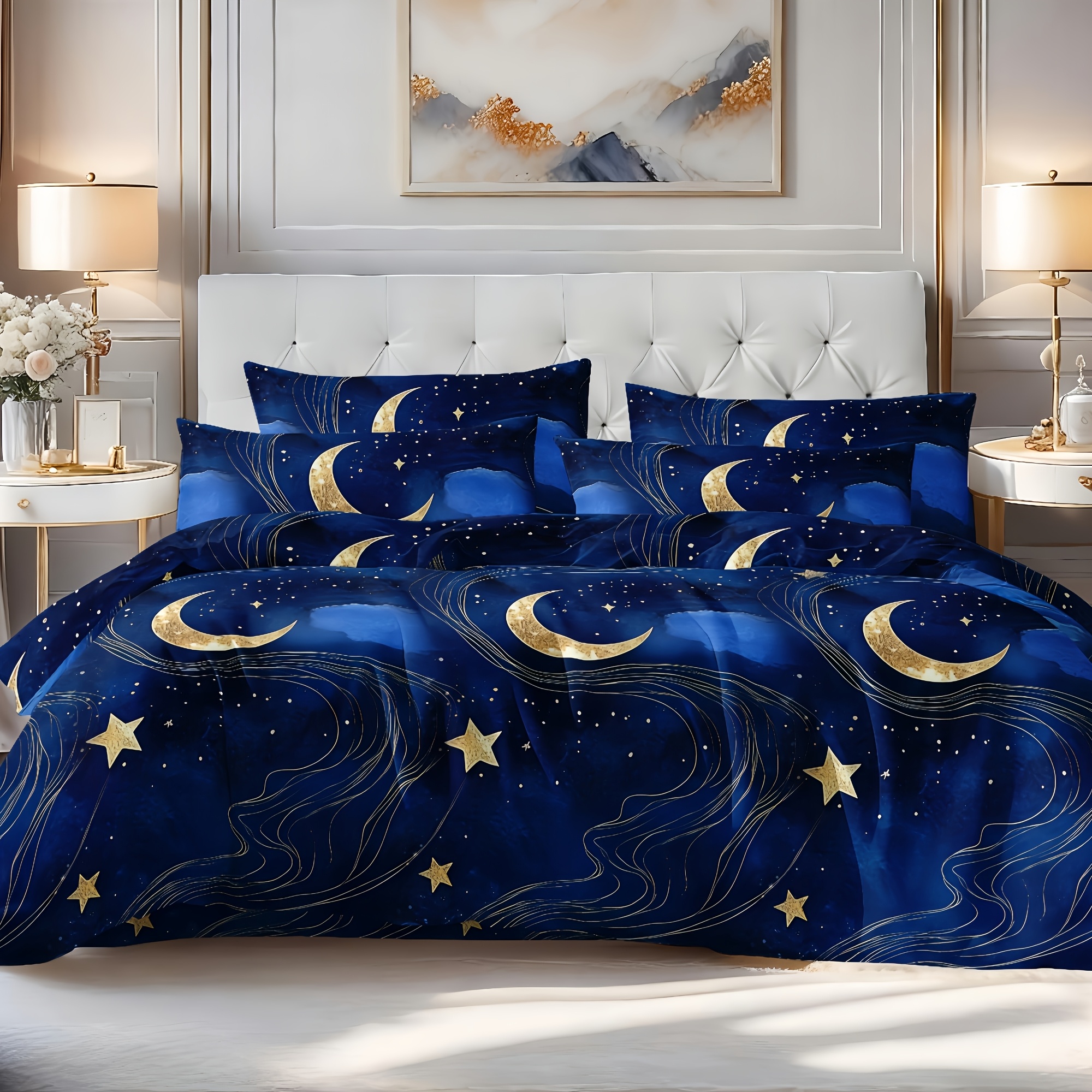 Image of 3pcs Spring/summer Vintage Light Classic Star Moon Blue Bedding Duvet Cover Set, Includes 1 Duvet Cover And 2 Pillowcases, For Twin/full/queen/king Size Beds - -friendly/ - Use, Blue And White