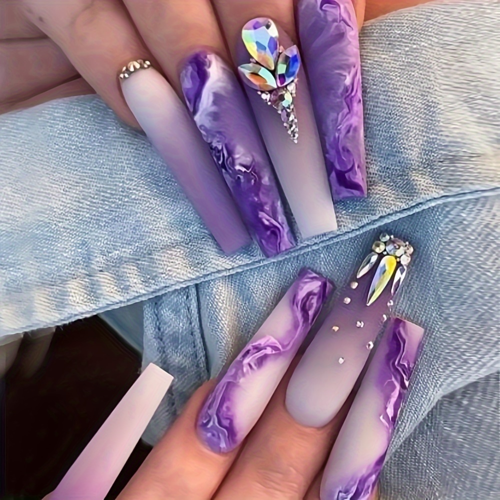 Image of 24pcs Matte Super Long Coffin Press On Nails Purple Gradient Style Fake Nails With Rhinestone Shiny Artificial Reusable False Nails For Women And