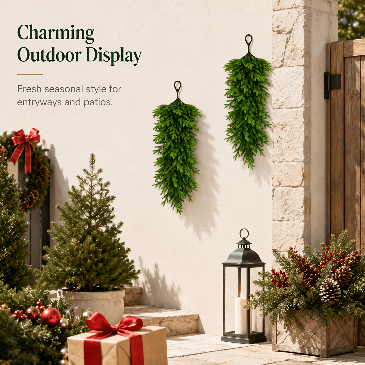 TEMU 2pcs Green Artificial Greenery Pine Needle Water Drop Shaped Christmas Wreaths, Dense Hanging Artificial Plants Door Decor, Pine Needle Layered