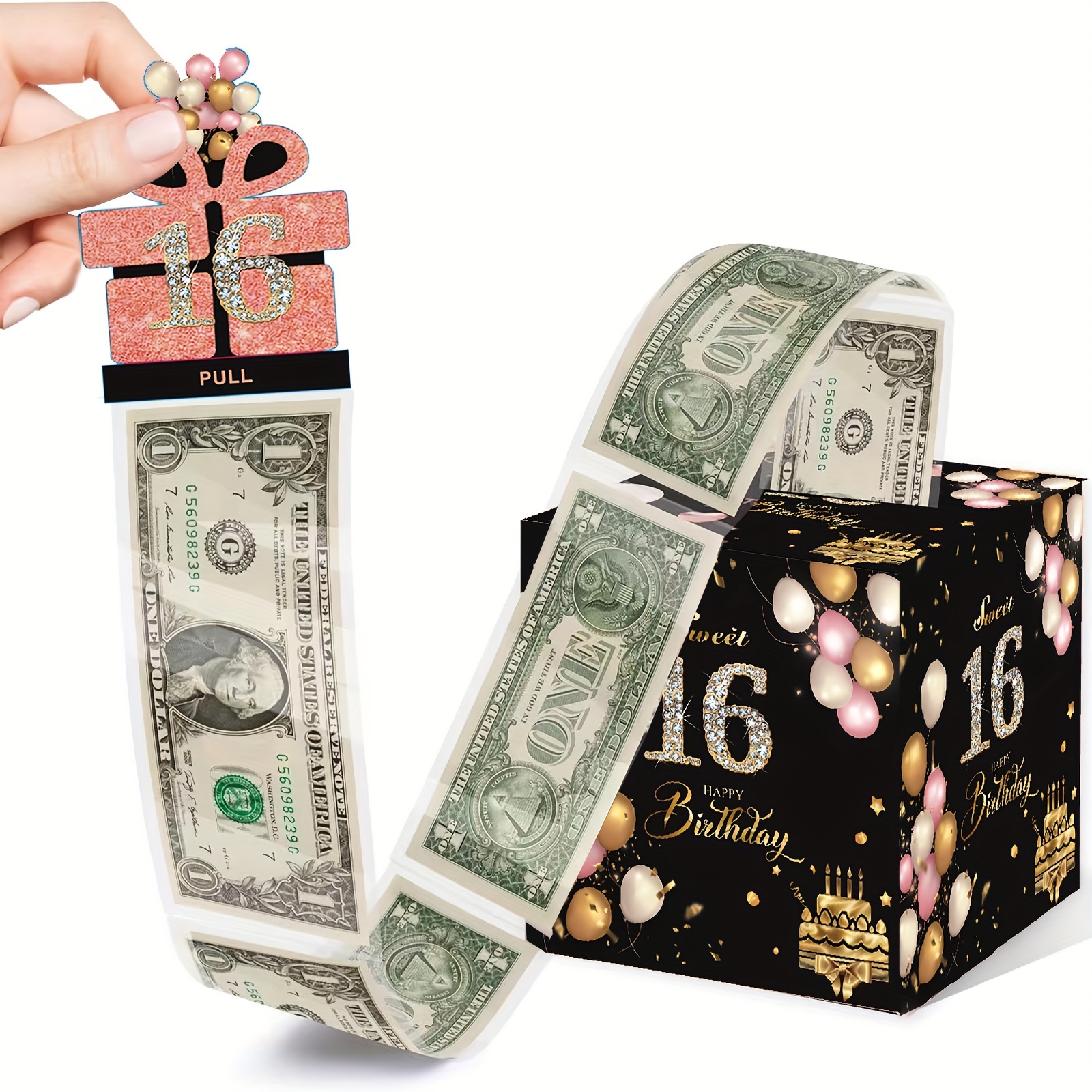 16岁生日现金盒现金礼物拉黑金 18 岁生日钱礼盒 DIY 生日钱拉出式现金礼盒与生日快乐卡惊喜生日礼盒生日派对装饰