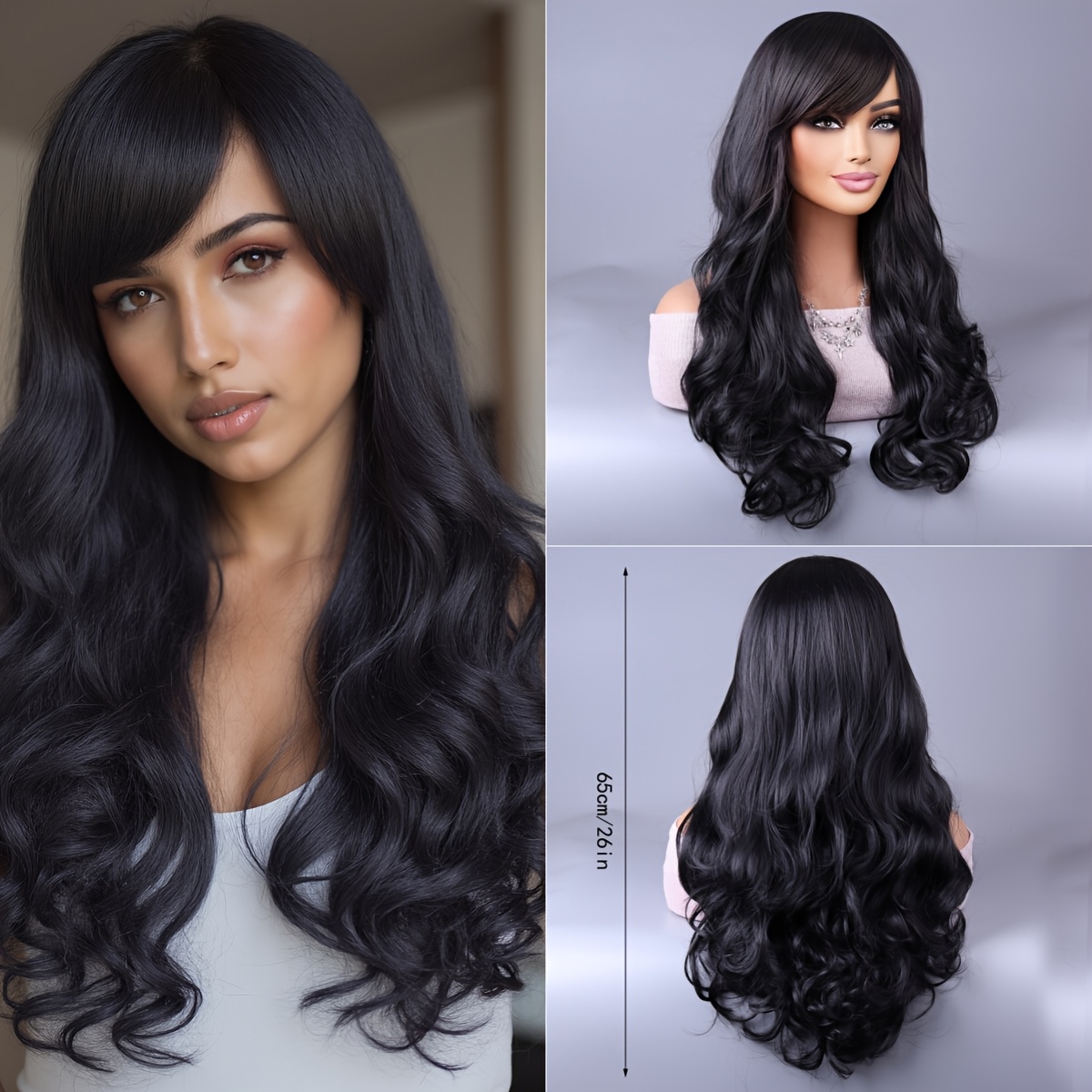 TEMU Perruque Ondulée Corps de Rayures Noires et Dorées 26 Pouces avec Frange Rideau Texturée et Cheveux Volumineux