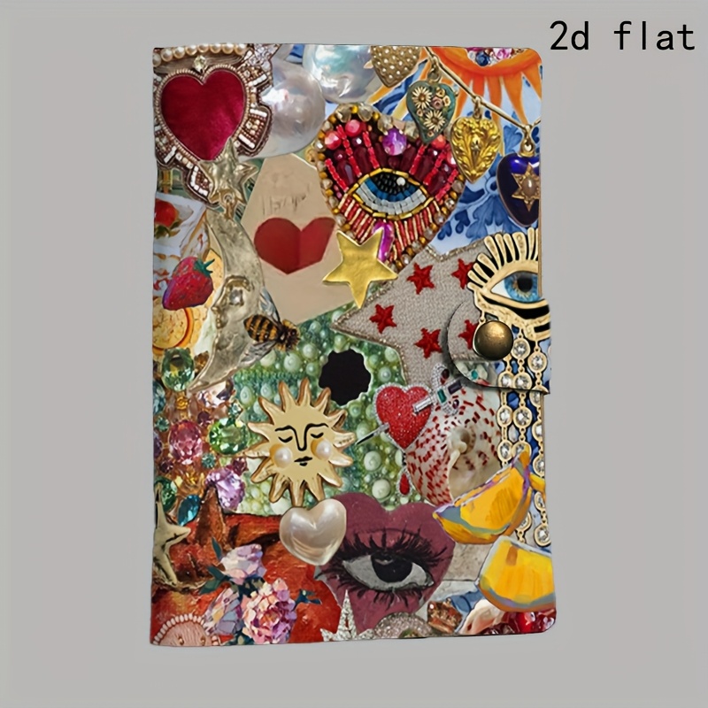 Unique A6 Notebook Removable Pages Snap Closure Ideal Colleague Gift For Office Charms, With 2d Flat Pattern Hearts, Stars, Eyes, Sun