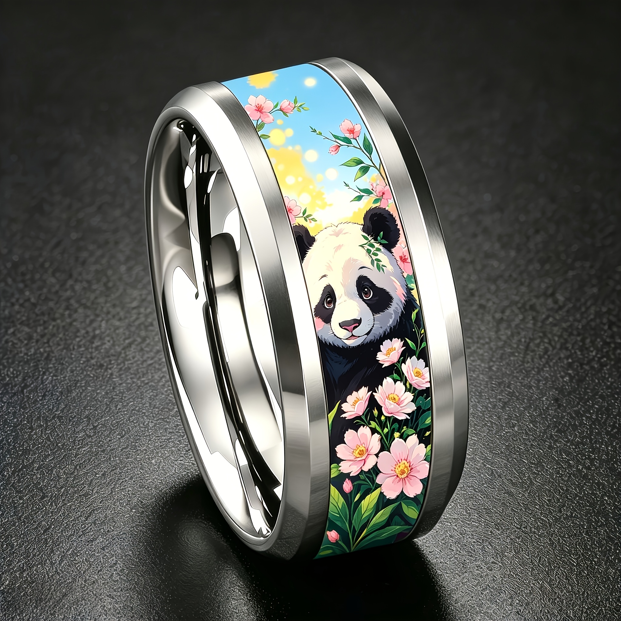 Spring Bloom Panda Printed 304 Stainless Steel Ring, 8mm