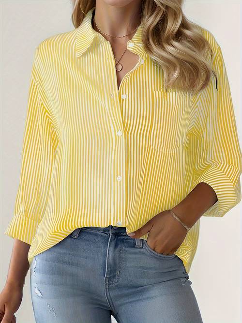 striped print button up shirt casual long sleeve lapel neck shirt with pocket womens clothing