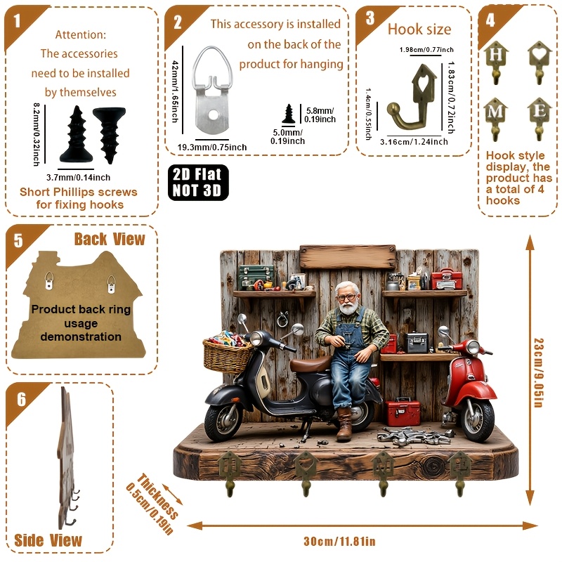 E-shop 2D Flat. 1 Stück. -Reparaturmann und Motorrad-Schlüsselhaken - Multifunktionales dekoratives Schlüsselbrett aus Holz, ausgestattet mit vier