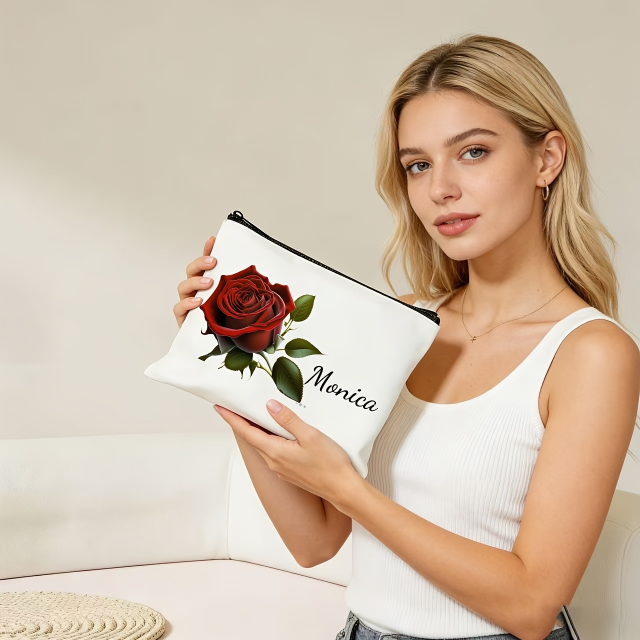 TEMU [customized] 1-3pcs Personalized Custom Cosmetic Bag, Blending And Practicality, Red Rose Pattern Is Gentle And , Supports Free Engraving, A