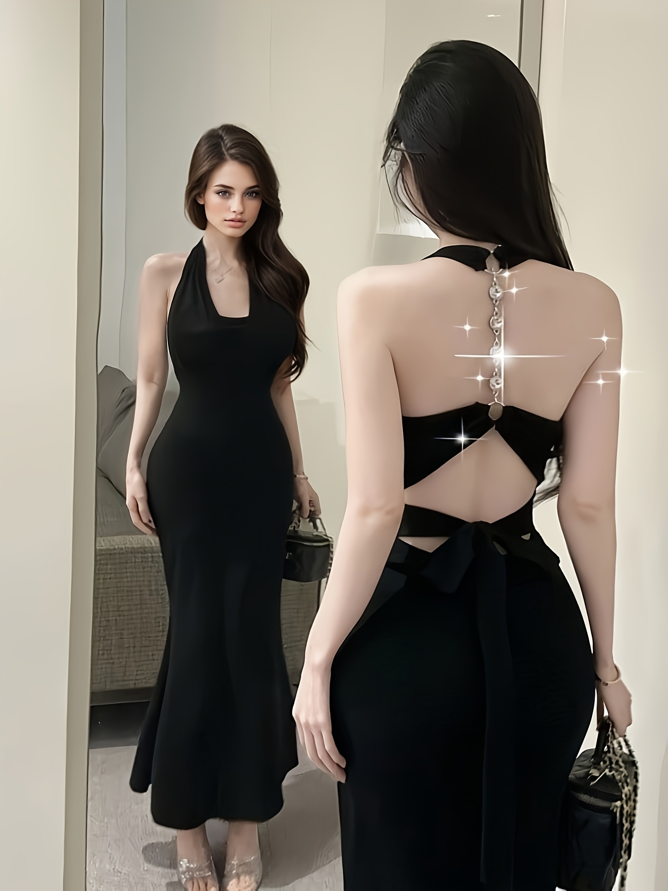 backless chain dress Backless Halter Maxi Dress with Metal Chain Detail, Black / XL main image 1