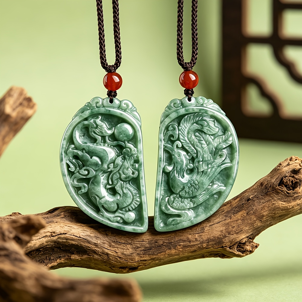Unisex Dragon and Phoenix Couple Pendant Necklace, Natural Stone