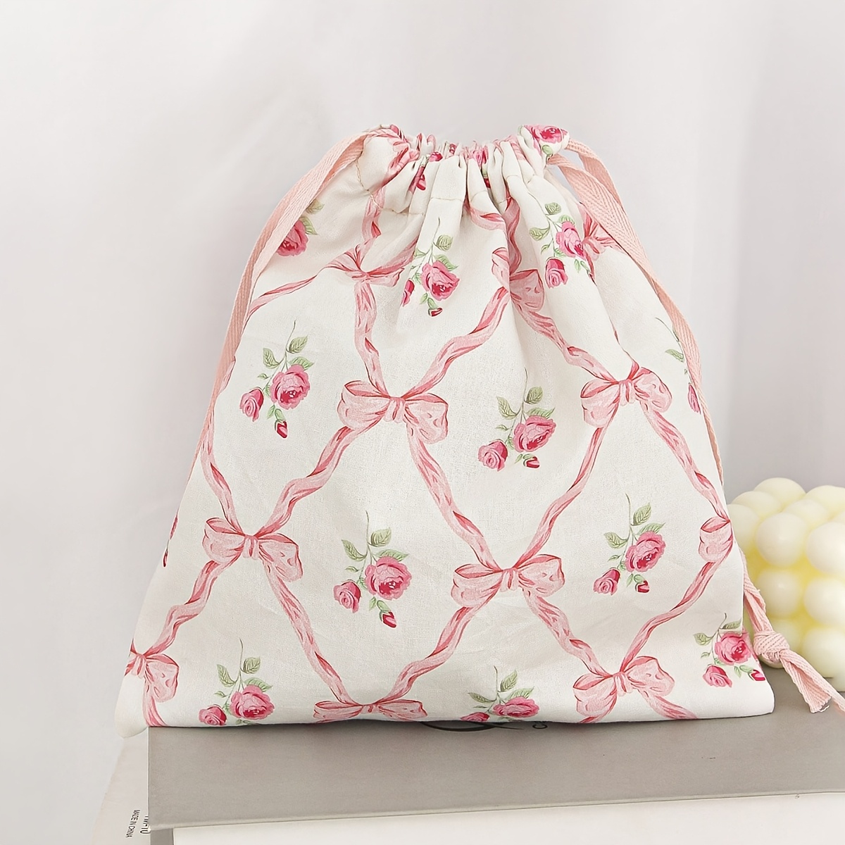 TEMU Elegant Bow Print Drawstring Bag /set Of 2, Pink Travel Toiletries Bag, Lightweight And Portable Drawstring Storage Bag, Foldable Drawstring