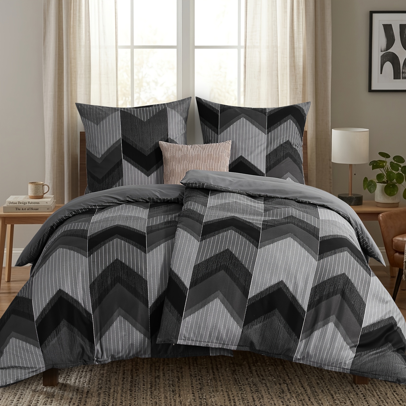 Bed 135x200 Cm 4pcs, Soft, Comfortable & Breathable, 2x Duvet Cover (135x200 Cm) + 2x Pillowcase (80x80 Cm), Geometric 3d Pattern, With Zipper.