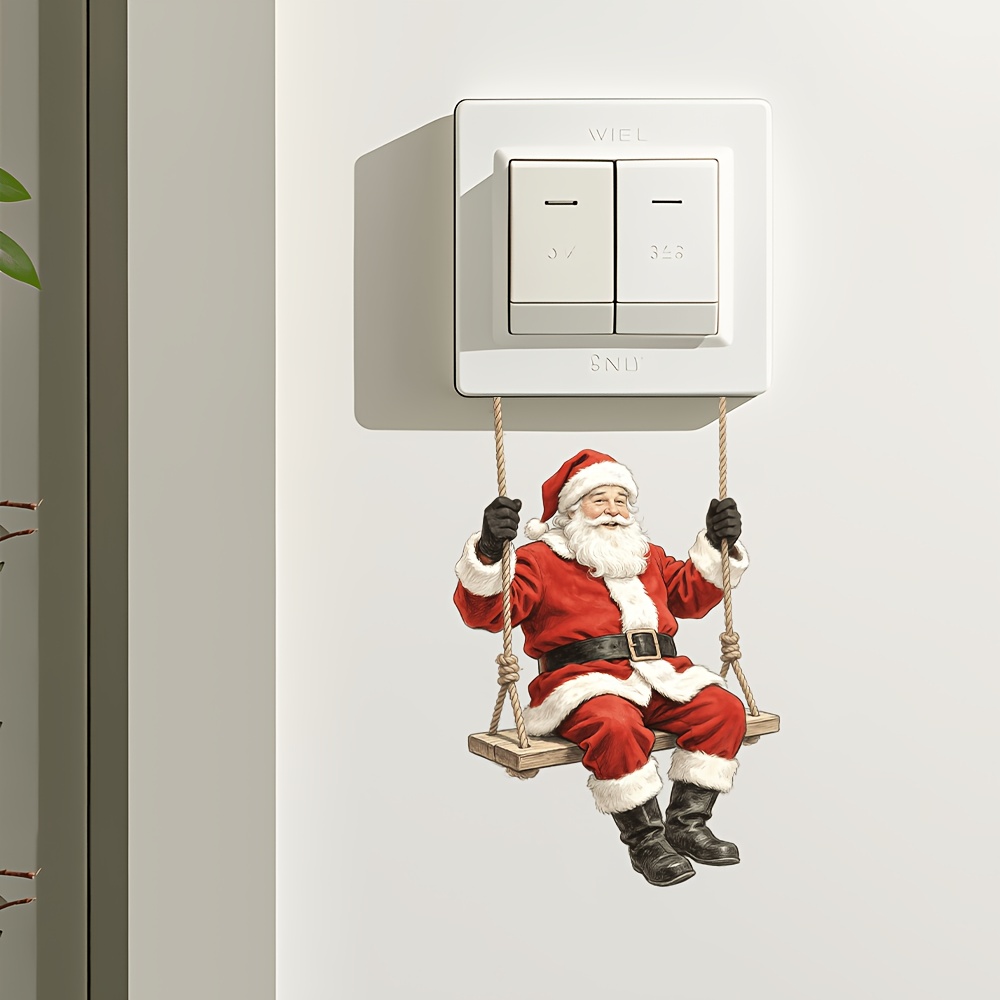 TEMU 1 Pegatina de pared decorativa navideña autoadhesiva y removible con Papá Noel en un columpio, para calcomanías de y dormitorio, decoración del