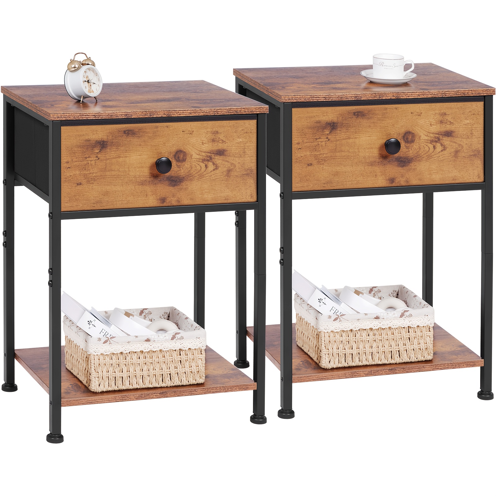 TEMU AMHANCIBLE Juego de 2 mesitas de noche, mesa auxiliar con cajón de tela de almacenamiento, mesa de sofá para espacios pequeños, mesita de noche