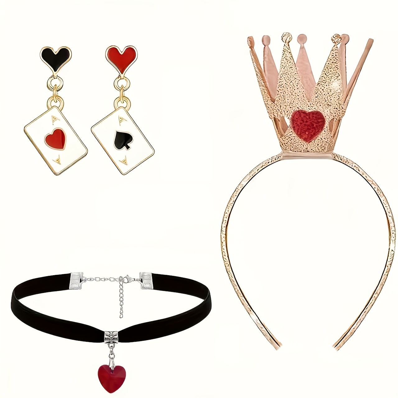 TEMU 3pcs Queen Rouge Coeur Poker Carte Costume Additions, Couronne Bandeau, Collier, Boucles d'Oreilles Pendentif Asymétrique, Halo As de Reine