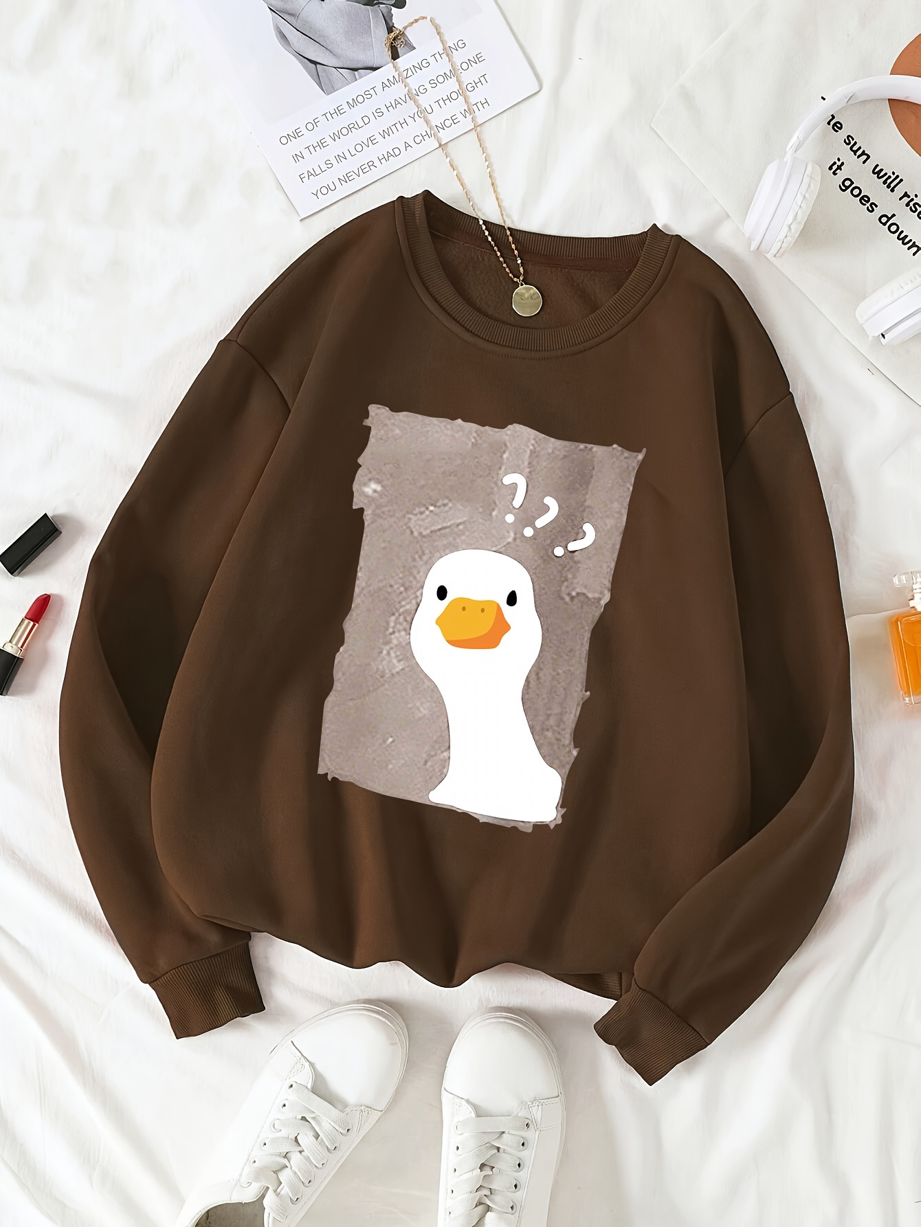 Women's Cartoon Duck Print Round Neck Casual Pullover Sweater, Long Sleeve,  For Autumn And Winter