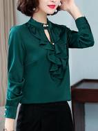 1pc womens elegant ruffle stand collar long sleeve blouse polyester mermaid hem shirt solid color pullover skinny fit for weekend casual woven ruffle sleeve blouse