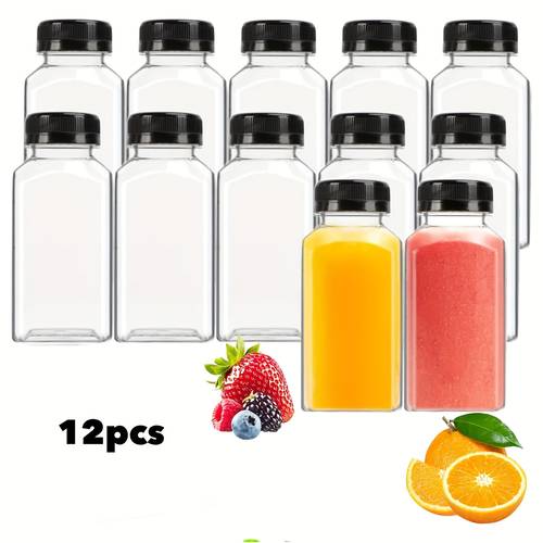 12pcs set 8 ounce approximately 250g reusable plastic juice bottles with lids transparent juice bottles suitable for juice smoothies coffee travel bottles