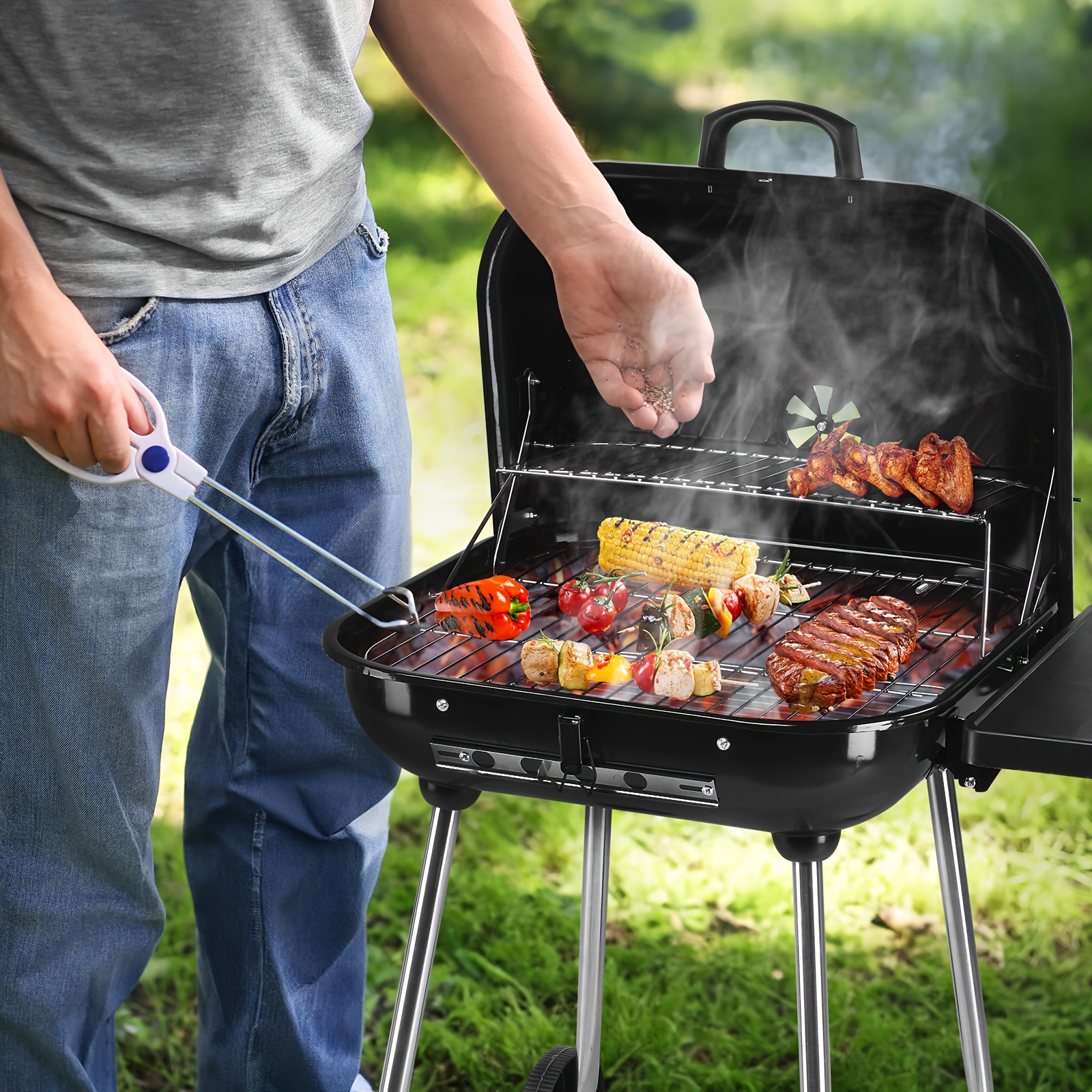 

28" Portable Charcoal Grill With Wheels & Foldable Side Shelf - Large Bbq , Adjustable Vents, Food-safe Ceramic - Ideal For Outdoor Parties, Camping & Picnics