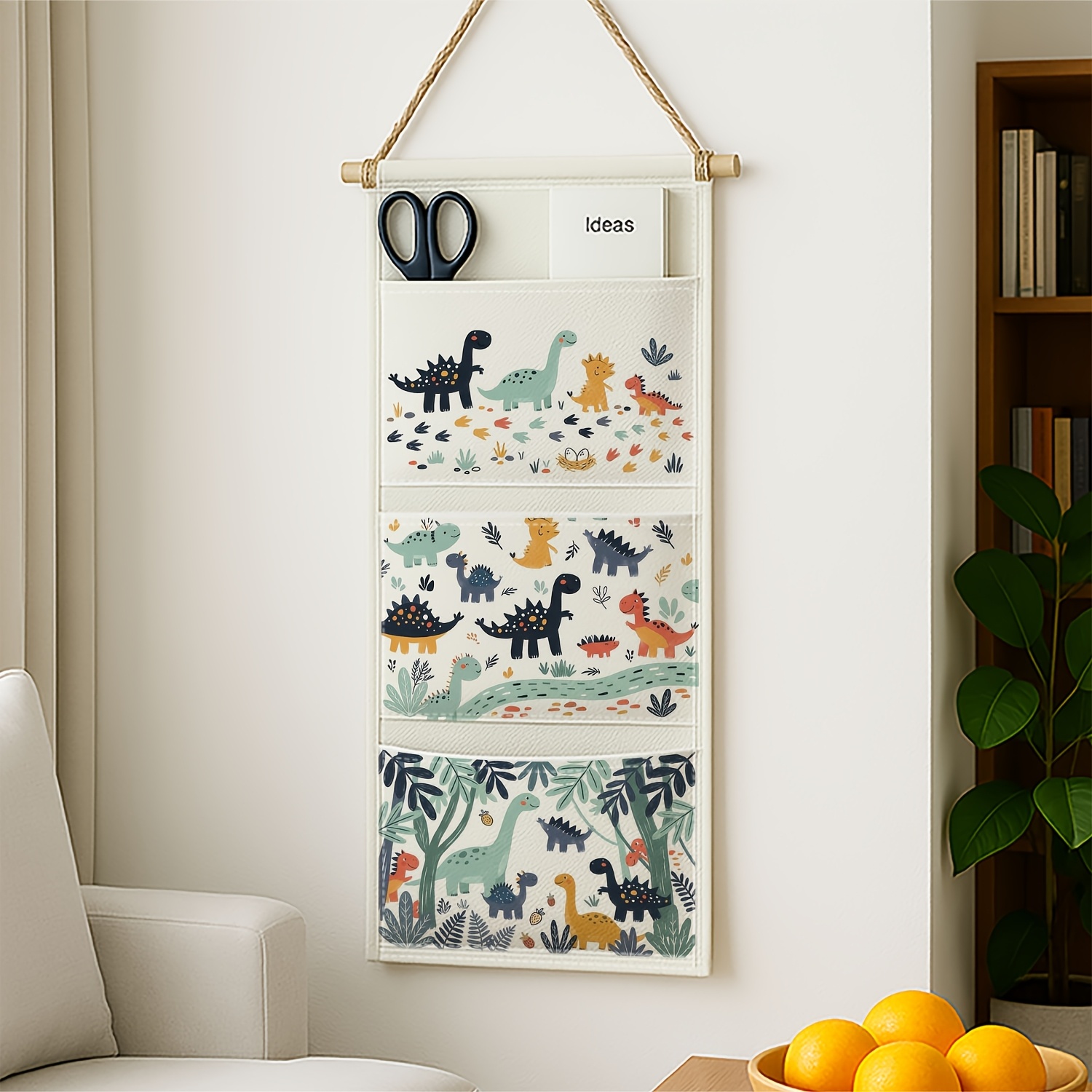 TEMU 1pc Modern Wall-mounted Storage Bag Dinosaur Pattern White & Colorful Hanging Shelf Suitable For Living Room, Bedroom, Bathroom - Space-