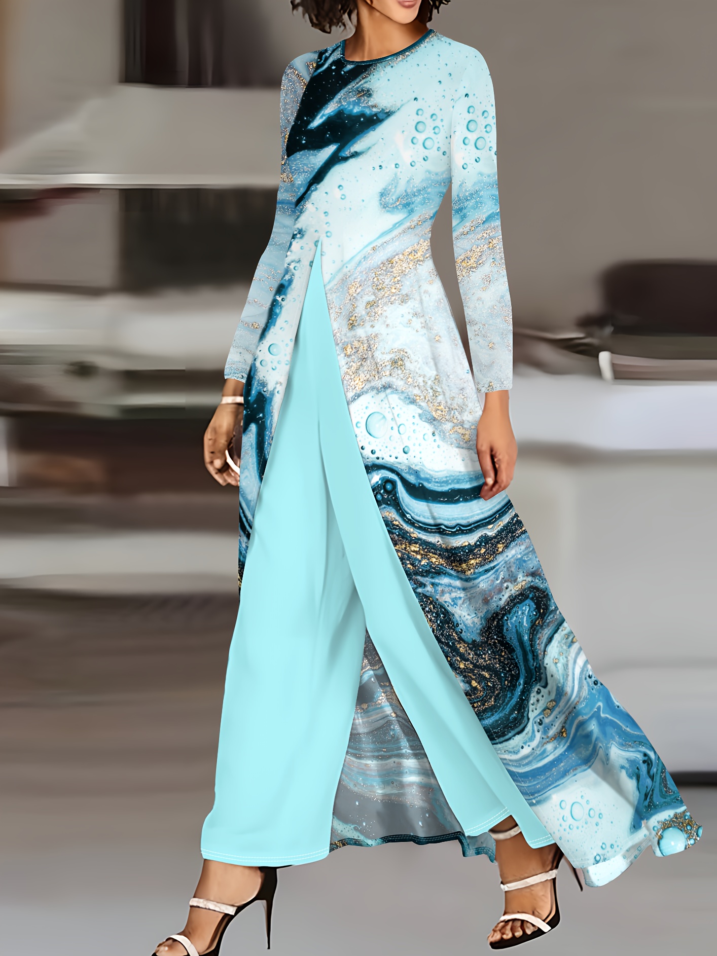 womens elegant blue golden floral print long sleeve jumpsuit