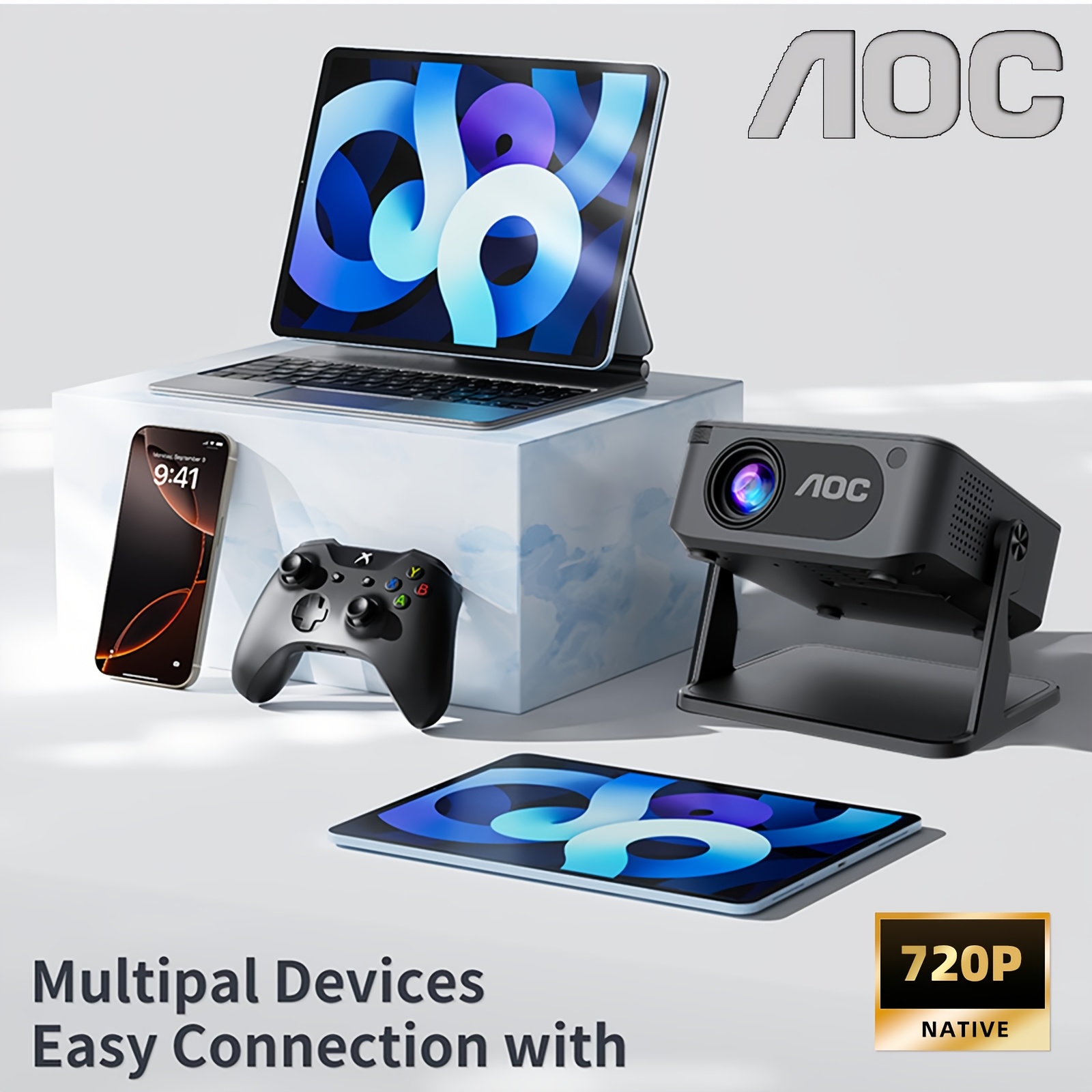Projecteur home cinema 4K ready 720P local, compact avec correction trapézoïdale automatique, diffusion sans fil, courte distance pour films et jeux