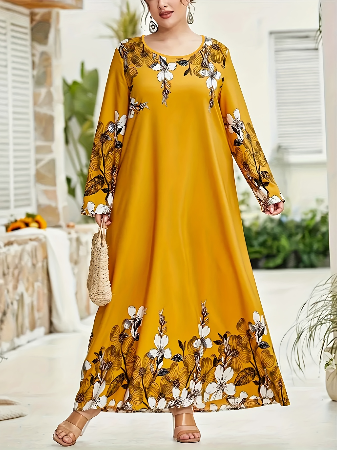 Women'S Plus Size Floral Print Long Sleeve Tunic Dress Elegant Black with  White and Purple Flowers, Loose Fit, Crew Neck Fall Winter,