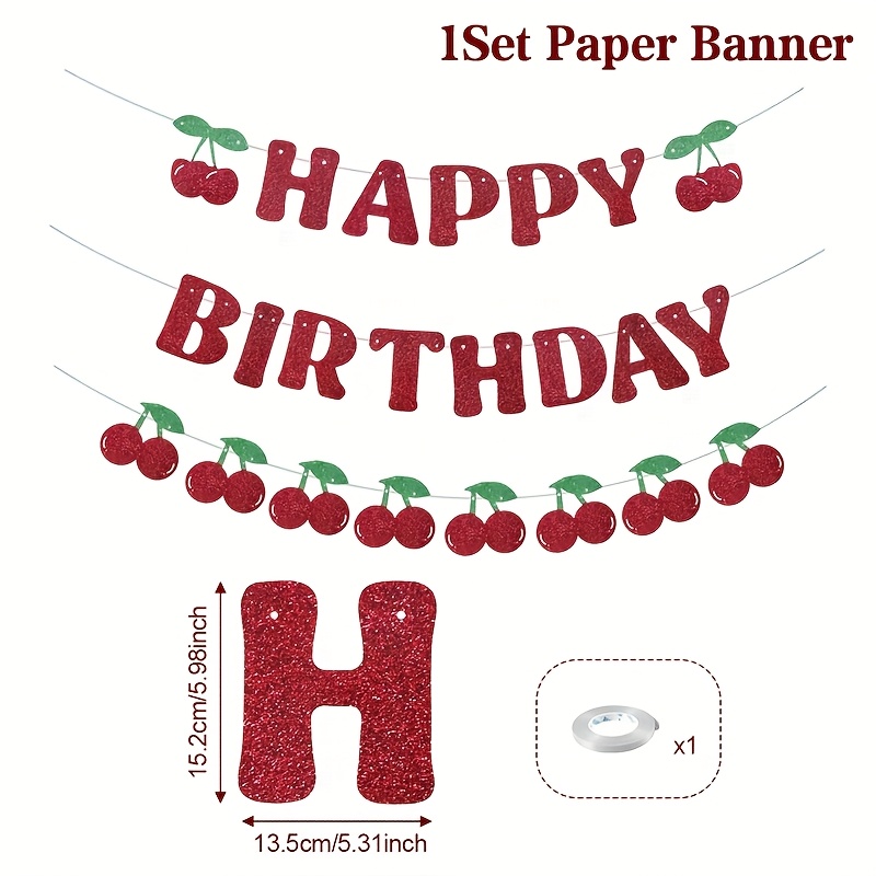 Image of 1set, Cherry Themed Birthday Party Banner, "happy Birthday" Sign With Red Cherries, Paper Pull Flag, Cherry Garland, Happy Birthday Party Background Decor, Fruit Party Hanging Decoration