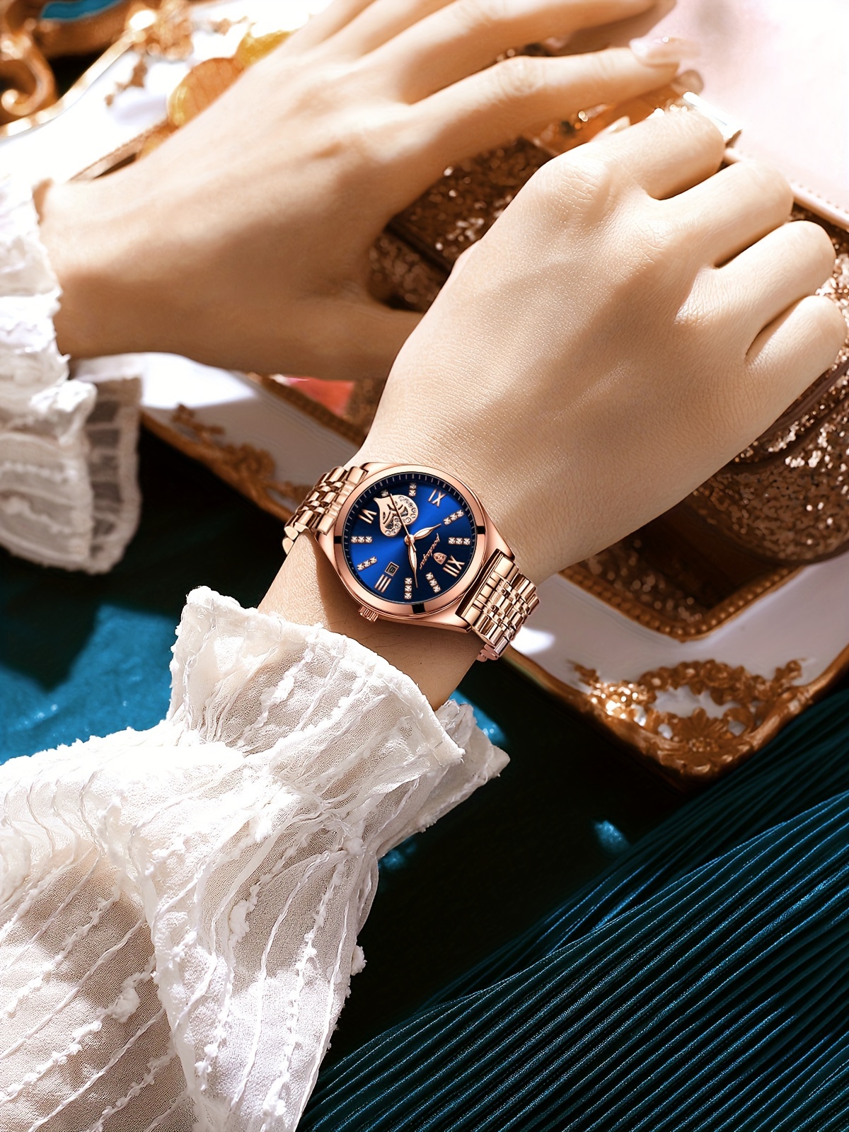 POEDAGAR Elegant Women's Quartz Watch - Rose Golden-Tone Stainless Steel, Luminous Hands & Calendar,, Date Display with Heart Detail
