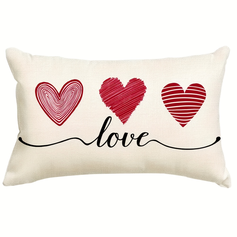 

1pc Romantic Linen Valentine's Day Pillow Cover 12x20" - "love" & Striped Hearts Design, Zippered, Machine Washable For Home Decor (single-sided Print, No Insert)