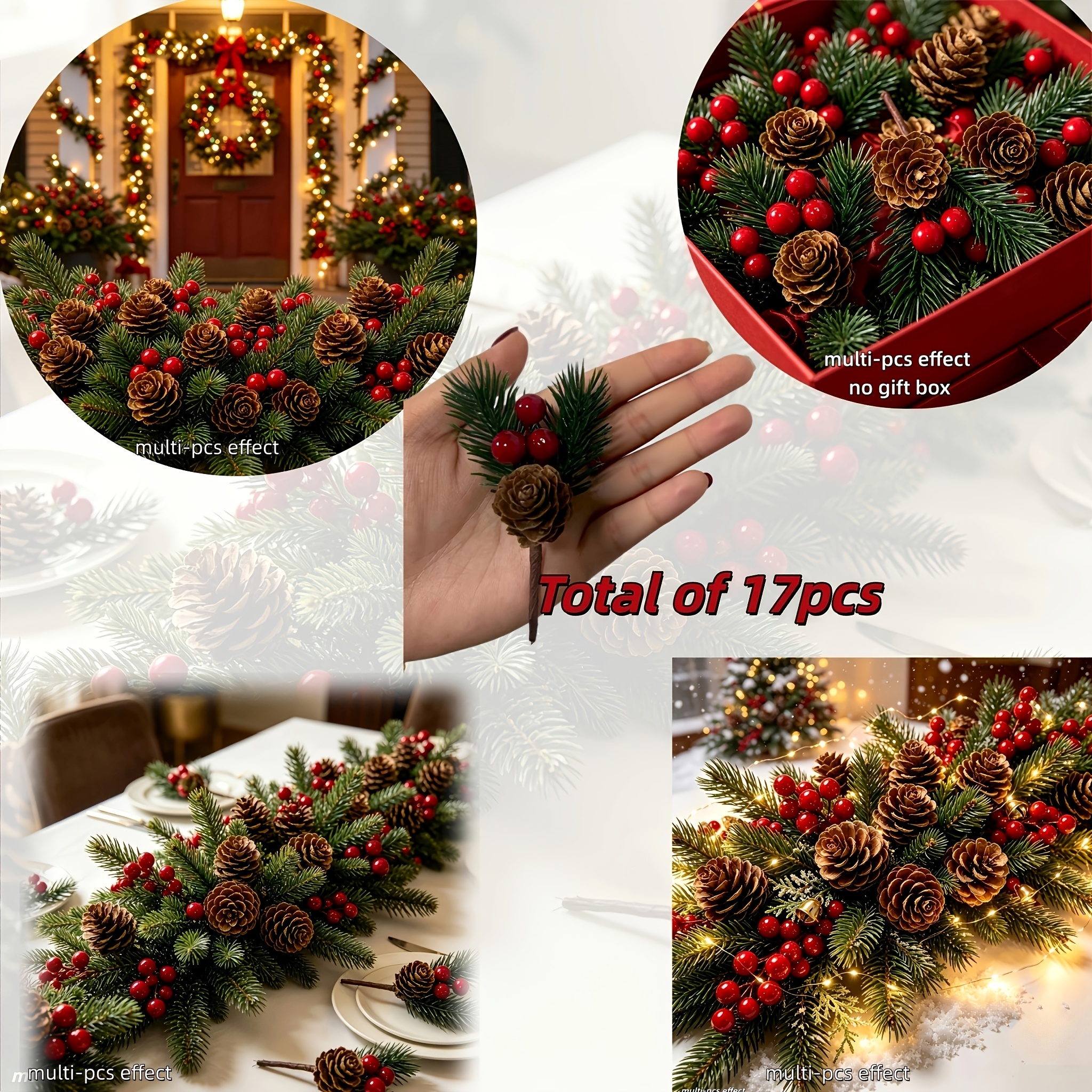 TEMU Set da 17 pezzi di ornamenti artificiali a forma di pigna, decorazioni natalizie fatte a , ornamenti decorativi da appendere a forma di ramo di