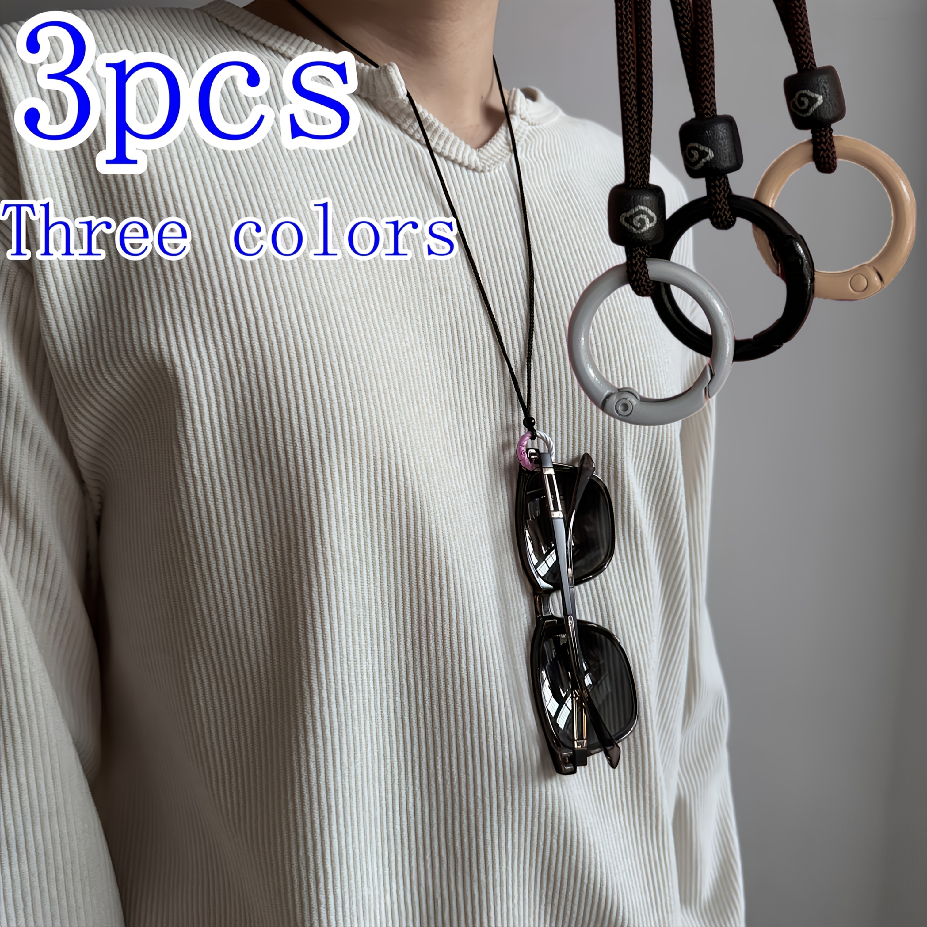 TEMU 3pcs Universal Men's And Women's Adjustable Necklace - Fashionable Black Eyeglass Holder, Equipped With Metal Rings And Ropes, Is A Portable And