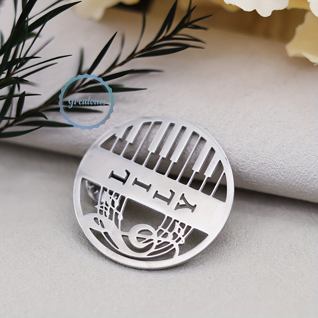 TEMU Customized Name Piano Keys Brooches Nameplate Pins Stainless Steel Personalized Name Brooch For Women Men