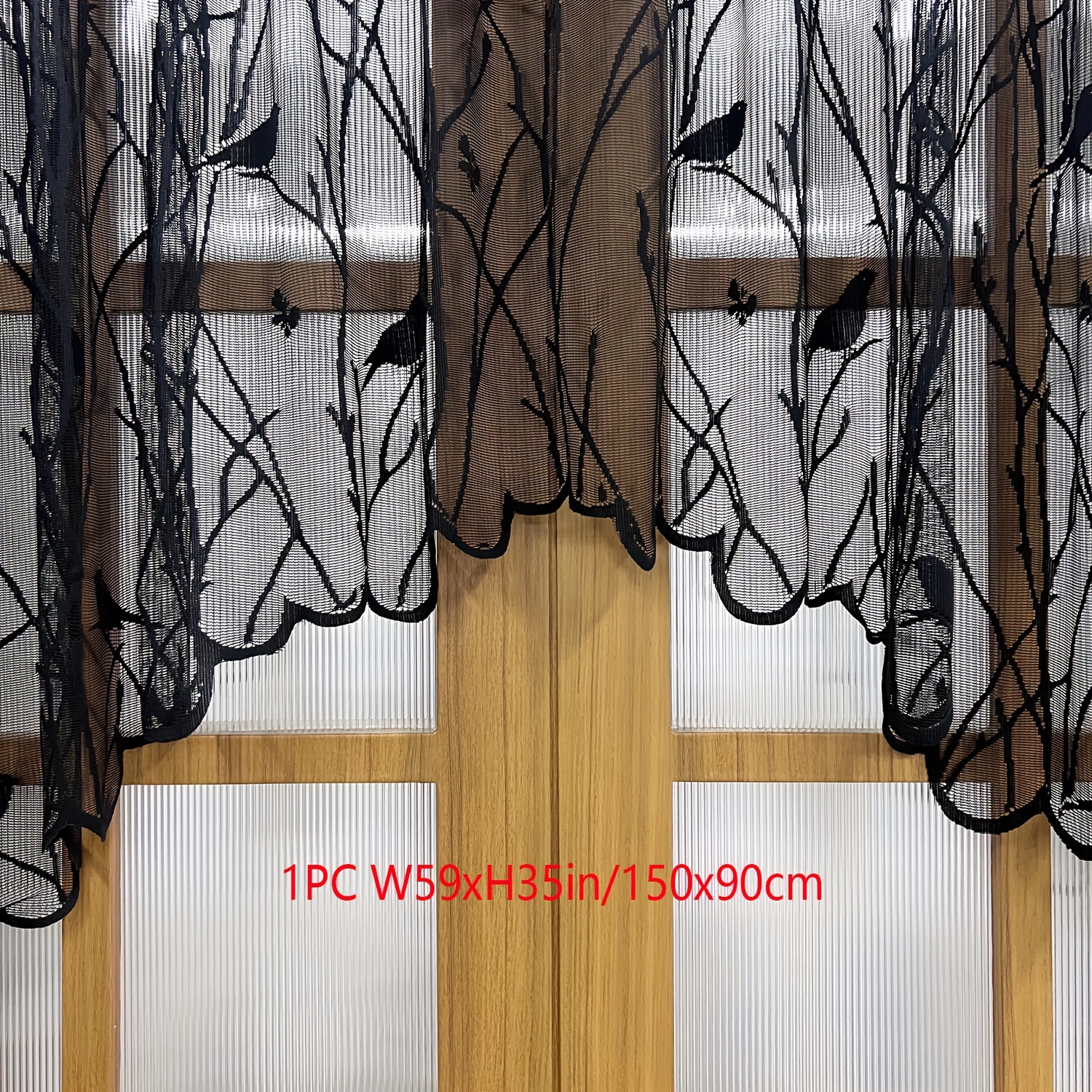 TEMU Baldas cortas de encaje con estampado de pájaros y negro, perfectas para ventanas de cocina o comedor, diseñadas para colgar con bolsillo para