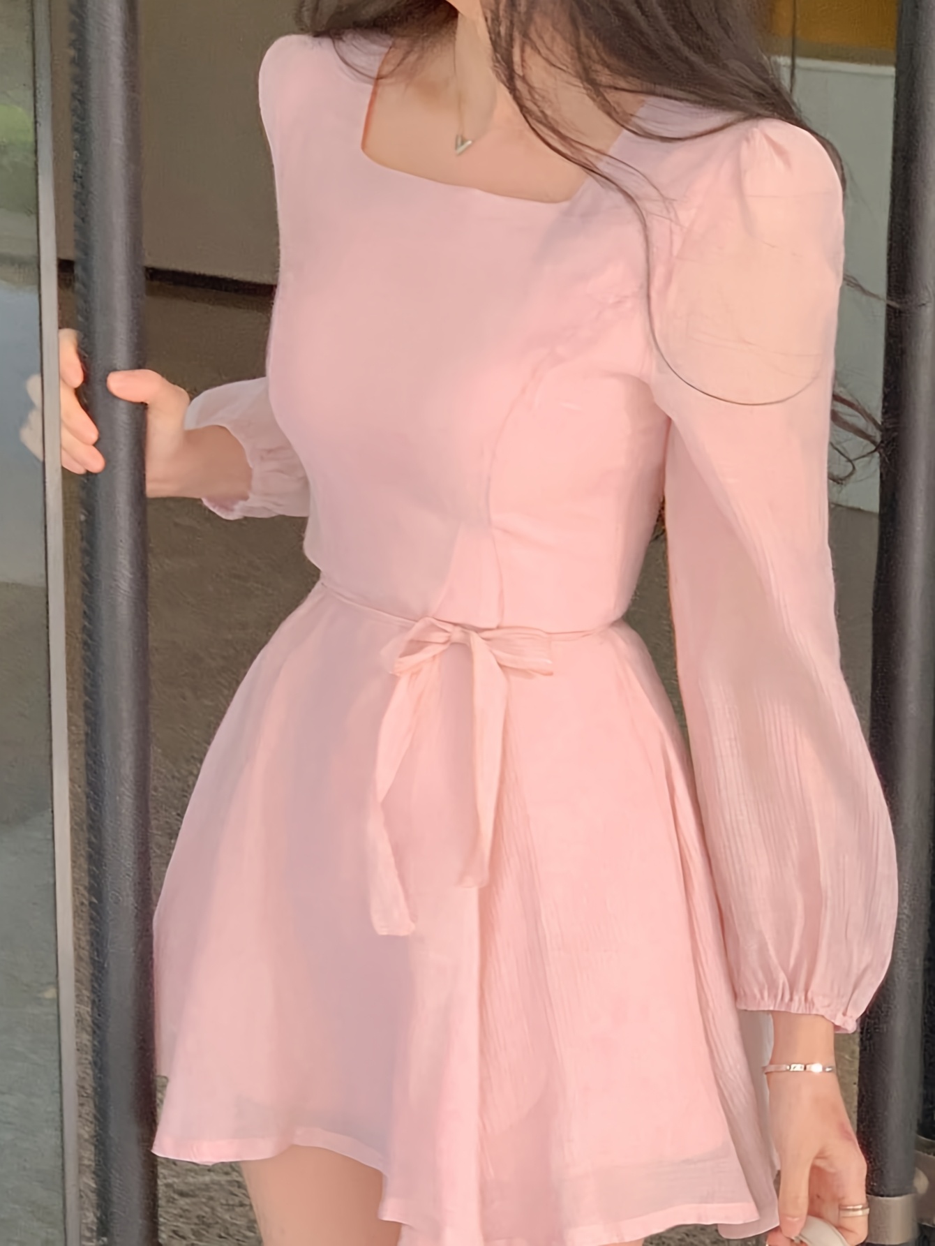 womens casual short square neck long sleeve pink mini dress - Temu Austria