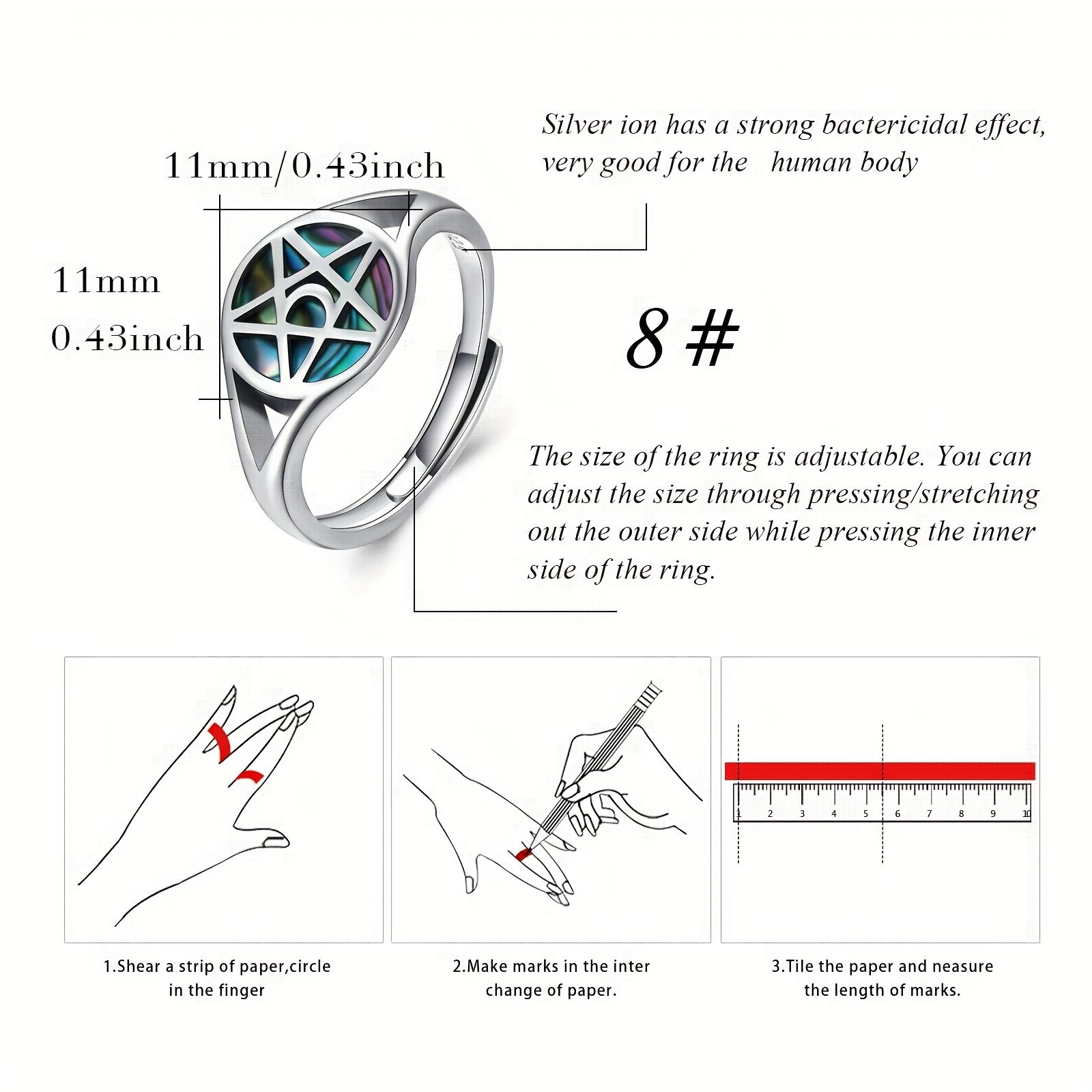 Pentagram Ring 925 Silver Moon Abalone Wiccan Jewelry Gift