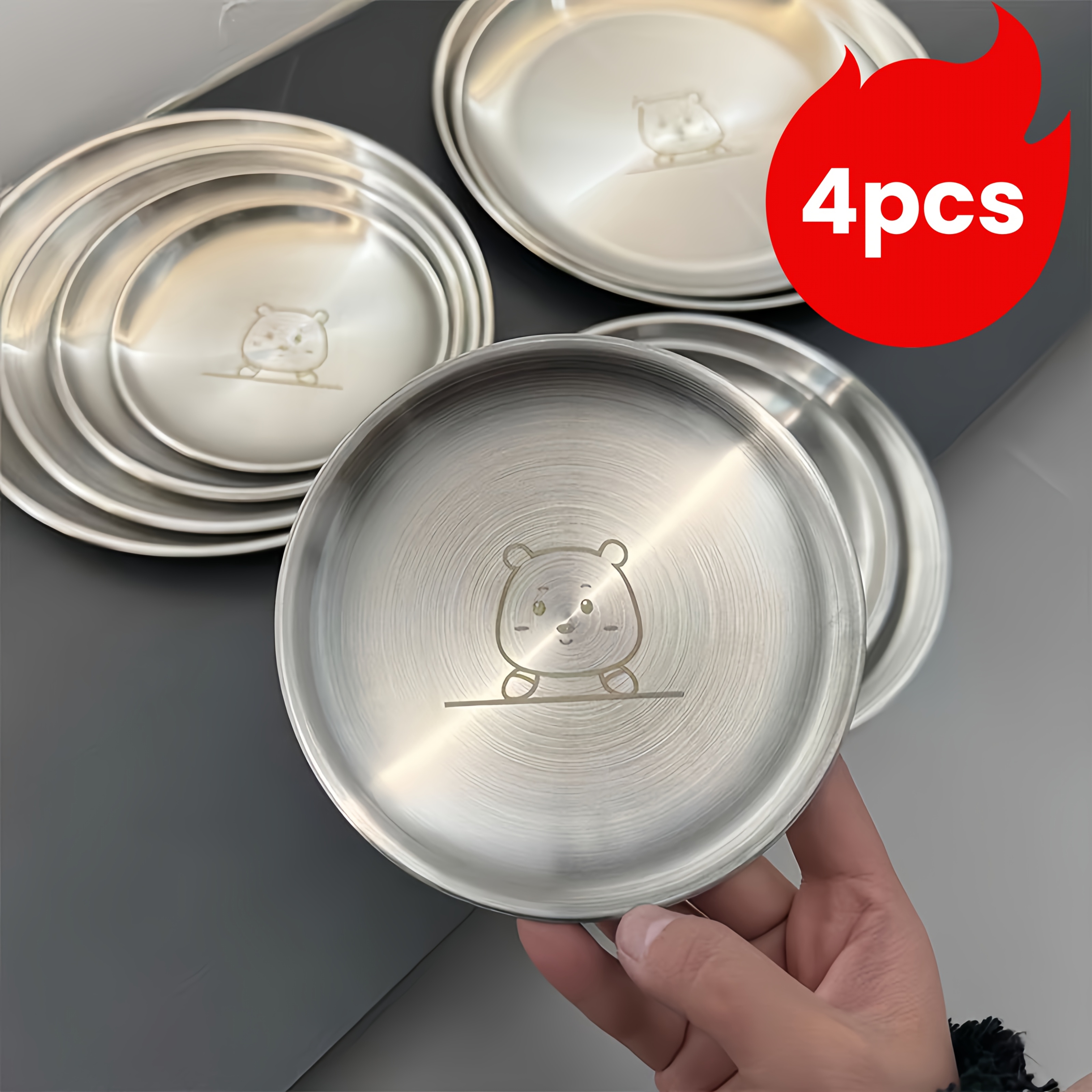 Image of 4pcs Stainless Steel Luxury Dinner Plate Set With Cute , 6.7" Pasta Steak Dessert Cartoon Dinner Plates, Stackable And Easy To Clean, Anti-breakage, Kitchen, Restaurant, Hotel, Canteen Serving Dish