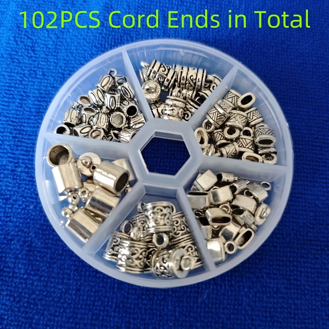 Image of 102pcs Vintage Silvery Golden Metal Leather Cord End Caps For Jewelry Making In Storage Box