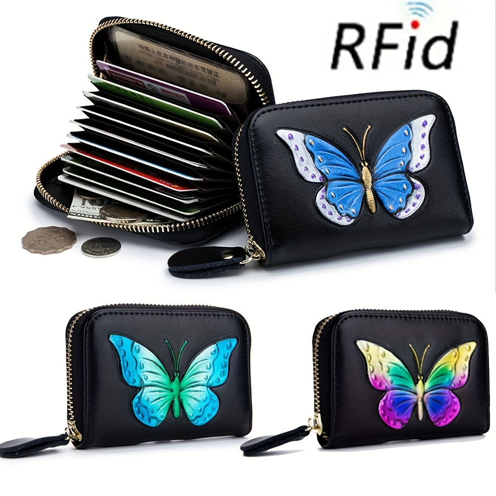 

Women Rfid Blocking Mini Wallet, Flower Butterfly Embossed Genuine Leather Zipper Card Case, Wallet Credit Card Holder