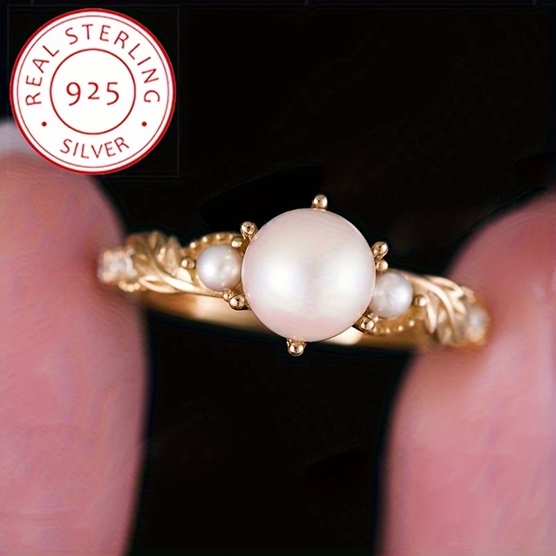 Women's 925 Sterling Silver Ring with Synthetic Pearl & Cubic Zirconia