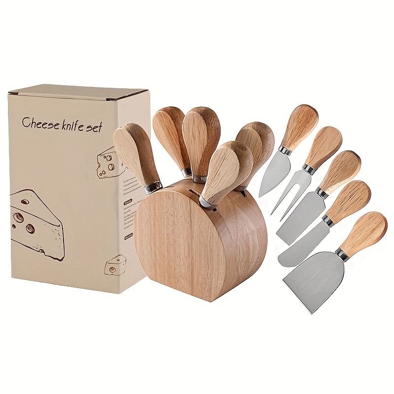 TEMU 5pcs Oak Handle Cheese Knife Set | Stainless Steel Cheese Knives With 3 Cutting Modes | Professional Kitchen Tools For