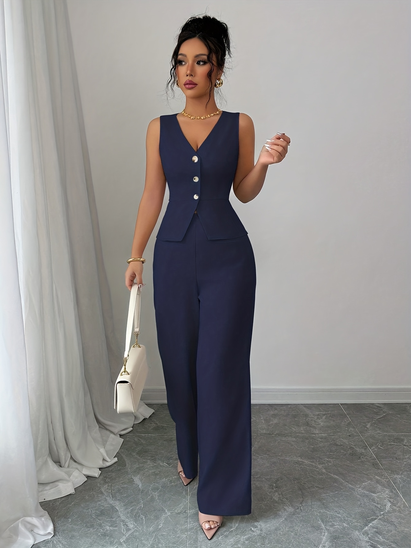 Conjunto elegante de top sin mangas y pantalones de mujer, atuendo de oficina de verano - Imagen 11