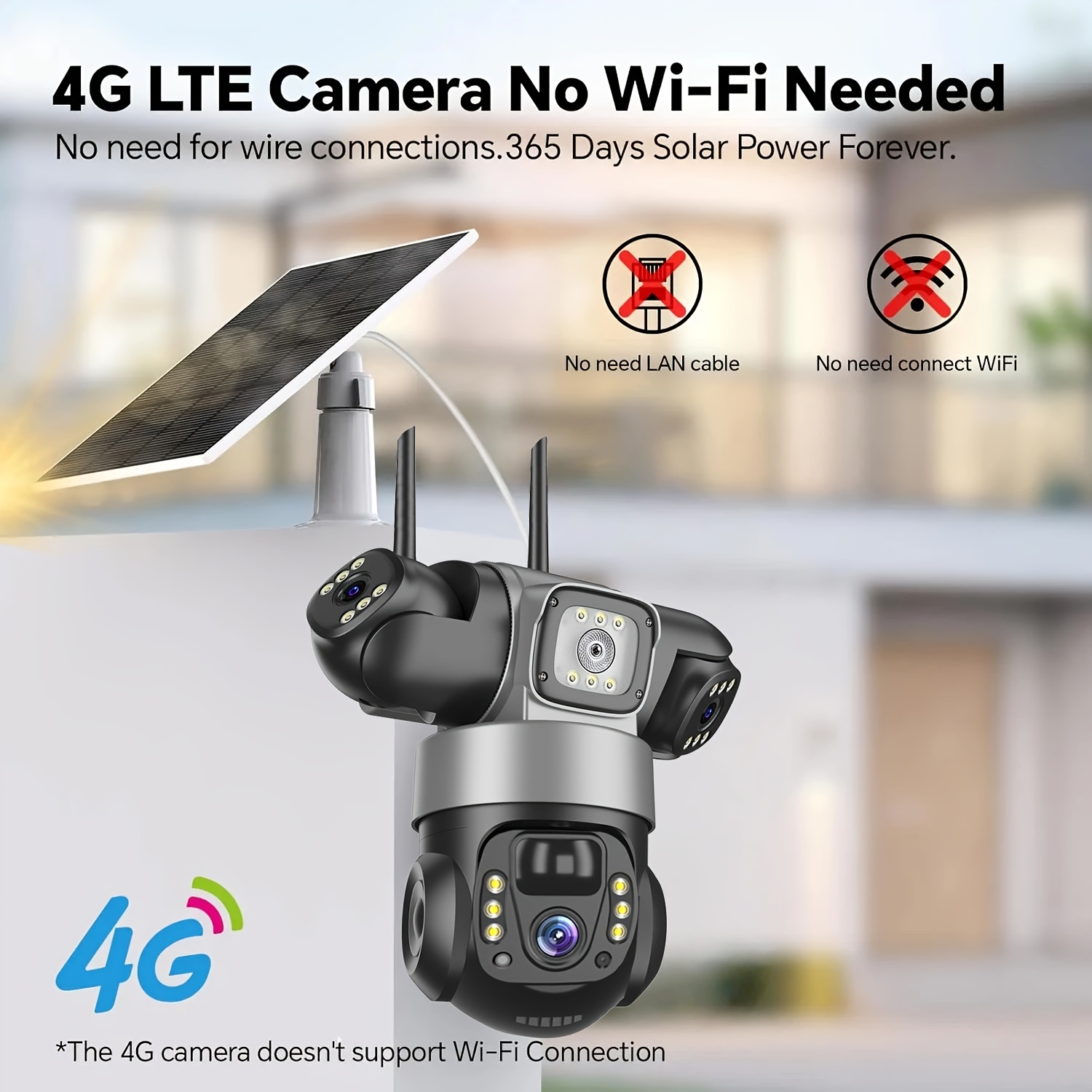 صورة العنصر كاميرا مراقبة خارجية 4G، مزودة بعدسة ثلاثية، تتبع بشري بالذكاء الاصطناعي وتتبع تلقائي PTZ، رؤية ليلية ملونة، كشف حركة/PIR، تحدث ثنائي الاتجاه، إنذار صفارة، كاميرا مراقبة، كاميرا برؤية ليلية، كاميرا بكشف الحركة