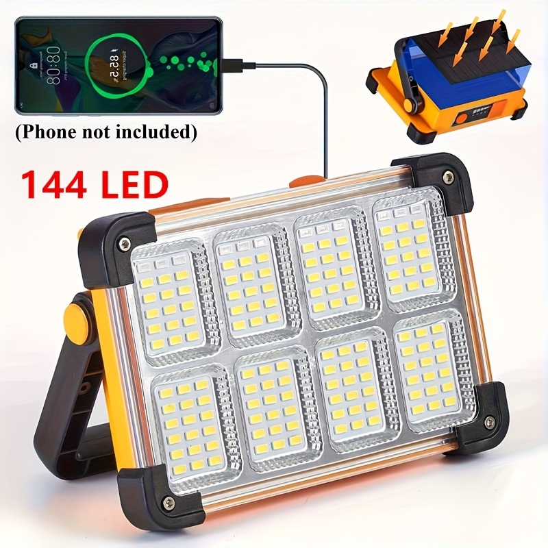 

1pc 144 Led Solar Light With Power Bank - Portable, With Stand, Ideal For Emergency Work, Outdoor Camping & Fishing, Features Solar & Usb Charging, 3600mah Battery, Solar Outdoor Lights