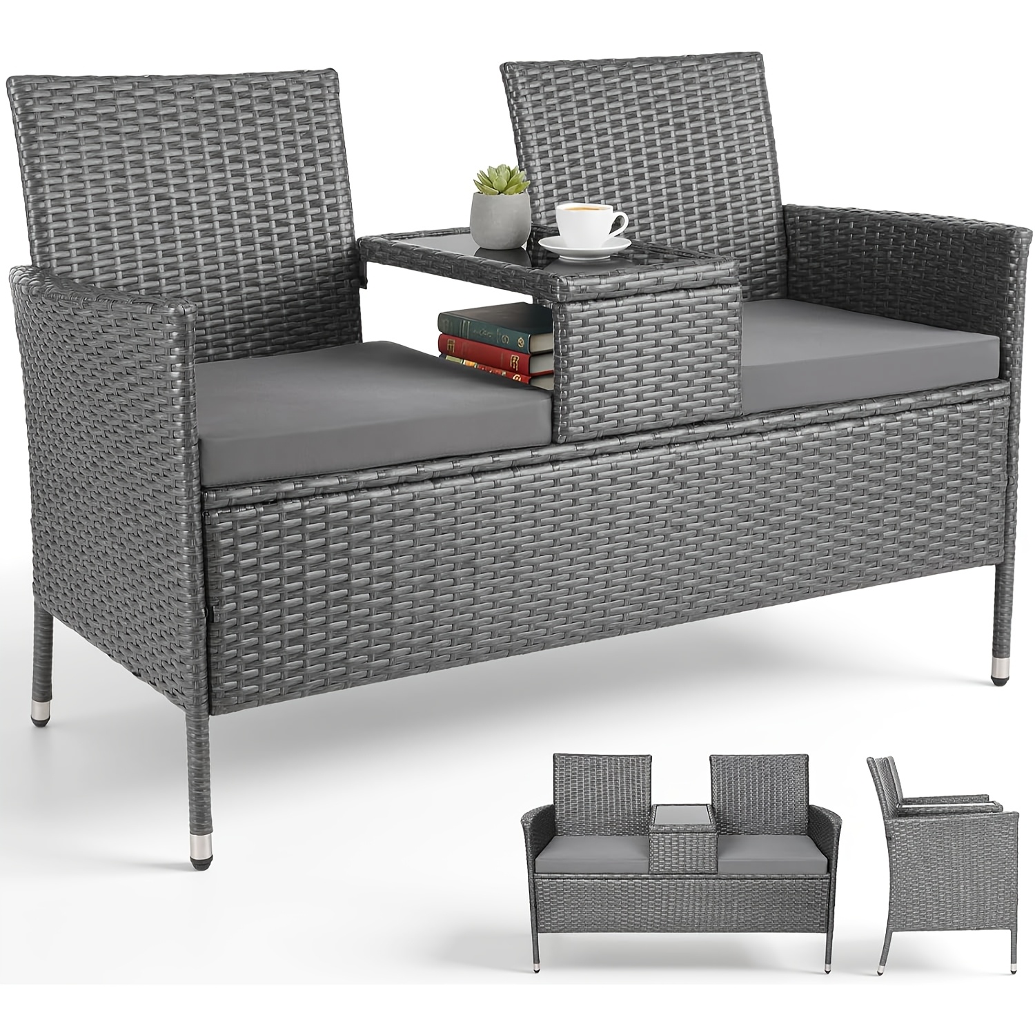 Outdoor Furniture Set Featuring A Polyrattan Bench With Table, Double Sofa For Courtyards, Complete With Cushions And Backrest, Ideal For Compact , Uv-proof, Perfect For Patios And Gardens